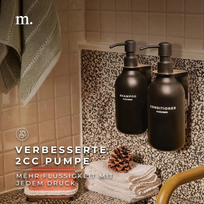 Шампунь MaisoNovo у пляшках для наповнення – дозатори для рідкого мила та гелю для душу, настінний монтаж – набір з 3 пляшок об'ємом 500 мл, янтарного кольору, з чорним дозатором (набір з 2 чорних дозаторів)