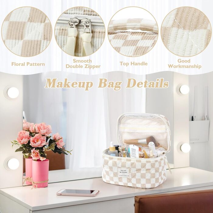 Набір косметичок 3 шт. з квітковим принтом, для подорожей та повсякденного використання | Косметичка для макіяжу для жінок та дівчат. Хакі в клітинку