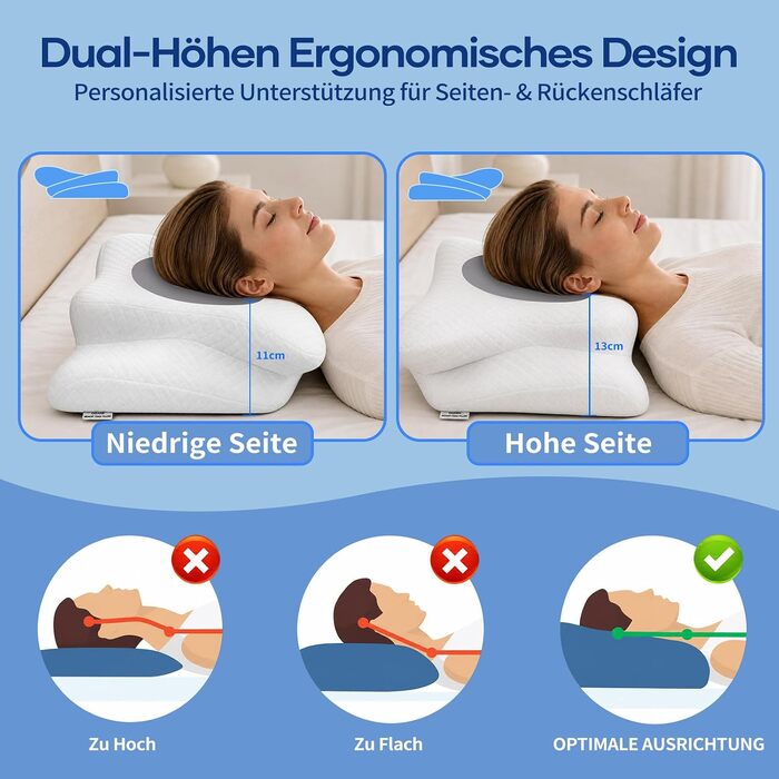 Ергономічна ортопедична подушка для шиї та голови з ефектом пам'яті (Memory Foam), 2-в-1, зі знімним чохлом, сіра, 62 x 39 x 11/13 см