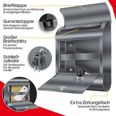 Поштовий ящик настінний KESSER XXL нержавіюча сталь, з газетницею, замок (3 ключі), антрацит