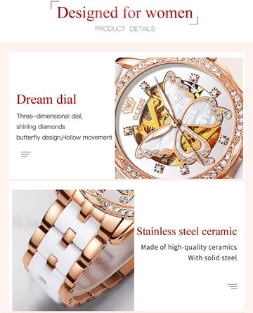 Годинник жіночий OLEVS рожеве золото з діамантом серце, чорно-білий циферблат, кварц, водонепроникний, комплект з браслетом, годинники для жінок (6622: перламутр)