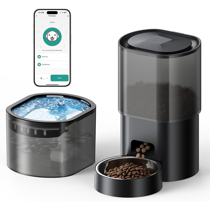 Автоматичний диспенсер для котячого корму 3L з фонтанчиком, керування через додаток, 10 прийомів на день, антизасорна конструкція, для котів та цуценят