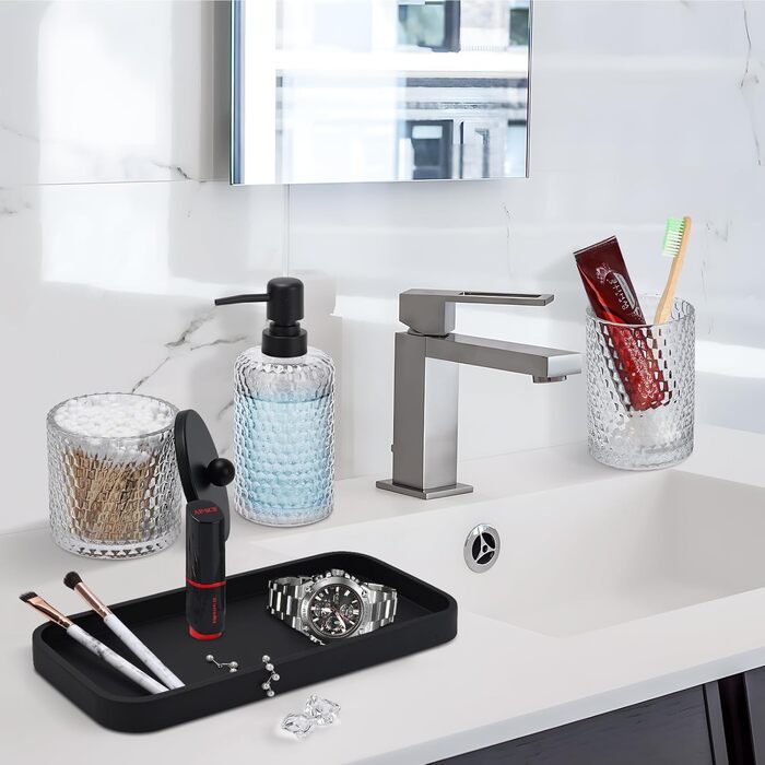 Набір аксесуарів для ванної кімнати, 4 шт., янтарне скло: диспенсер для мила, тримач для зубних щіток, контейнер для ватних паличок та піднос з штучного каміння. Організатор для стільниці, янтарний колір (прозорий та матовий чорний піднос)