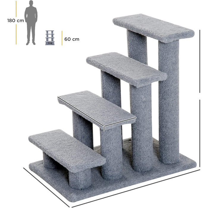 PawHut Pet Stairs Cat Stairs Dog Stairs Stairs for Cats and Dogs 4 Steps Gray 63.5x43x60cm