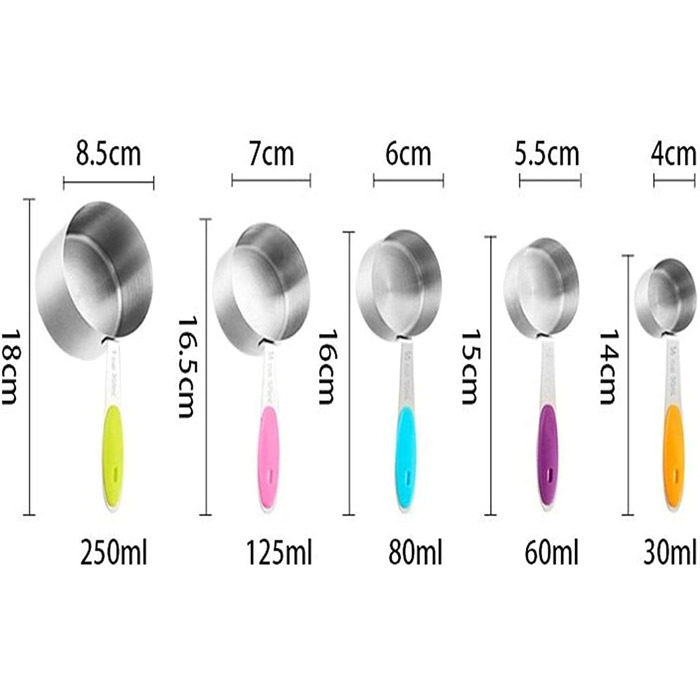 Measuring spoons, stainless steel, silicone handle, measuring spoons, measuring cup set, kitchen scale, measuring and spice spoons, measuring spoon set (multicolored, 10 pieces) (multicolored measuring cups, 5 pieces)