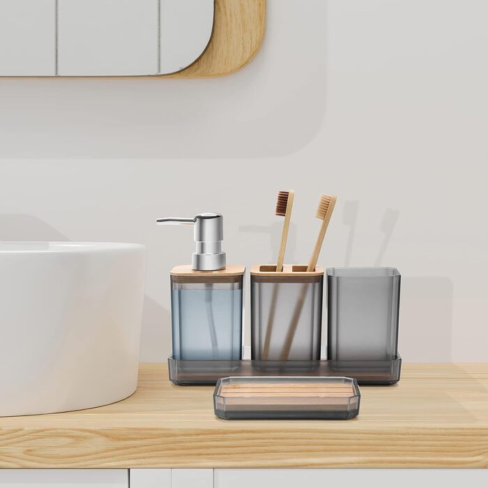 Набір аксесуарів для ванної кімнати FEILANDUO, 5 шт: дозатор для мила, мильниця, тримач для зубних щіток, стакан для води, піднос для косметики, Бохо, сучасний дизайн (сірий)