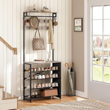 HOOBRO Coat Rack with Shoe Storage, Shoe Shelf with Coat Rack, Clothes Rack with 5-Tier Shoe Storage, Coat Rack with Shoe Cabinet, Adjustable Metal Grid Shelf, Greige EBG75MT01