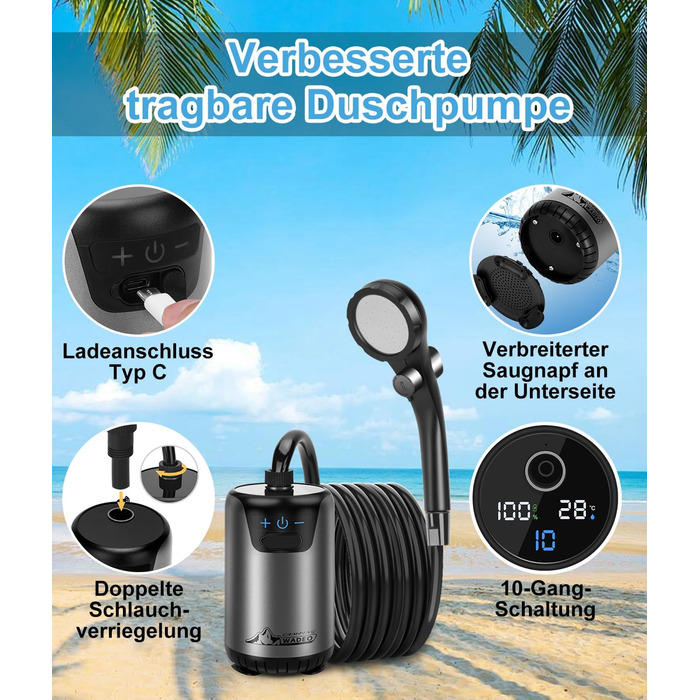 WADEO Portable Camping Shower Battery with Pump, Camping Shower with Rechargeable 6000/8000mAh Battery, Mobile Showers Outdoor Showers with Shower Head and Hose, for Camping Trips, Garden, Car Washing (Gray, 10 Galls and with Double Digital Display)