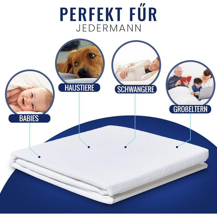 Waterproof mattress protector and wetness protection 160x200 cm, Oeko-TEX® Standard 100 cotton & fitted sheet fastening: incontinence pad & mattress protection, also as a replacement for fitted sheets.