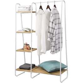 Coat rack, stable wardrobe, clothes rail with 5 shelves, 6 coat hooks, black metal coat rack, free-standing coat stand (white + oak, classic)