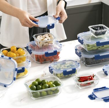 Набір скляних контейнерів для зберігання їжі з кришками з преміум-пластику, 10 шт., блакитні