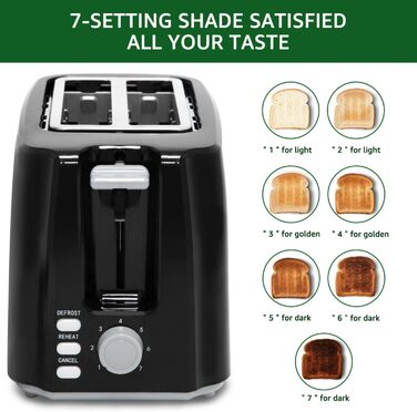 Тостер Aigostar 750W з 7 рівнями підсмажування, функціями розморожування та підігріву, 2 слоти для тостів, чорний