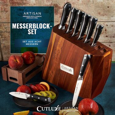 Набір ножів CUTLUXE Artisan Serie 8 предметів з бруском: кухарський ніж, сантoku, ніж для м'яса та інші. Виготовлено з високоякісної вуглецевої сталі, повнорозмірний клинок, блок з натурального акації.