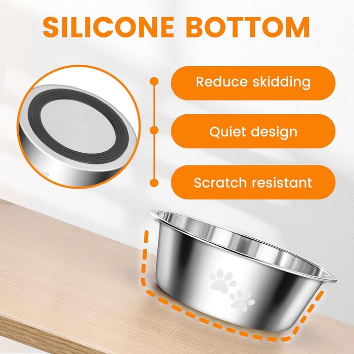 PETTOM Миски для собак з нержавіючої сталі, 2 шт. (3120 мл), миска для корму для собак великих, середніх та маленьких порід, миска для води з неслизьким силіконовим дном, розмір M - 21 см, срібний колір