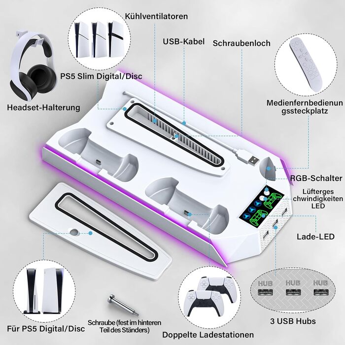 Підставка для PS5 Slim/Pro з зарядною станцією для контролера, RGB підсвічуванням, вентилятором, тримачем для навушників та USB хабом (чорний/білий)