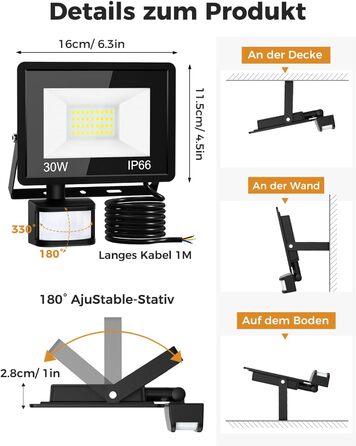 LED прожектор з датчиком руху для вулиці, 30Вт, суперяскравий, з пультом, водонепроникний IP66, 6500K холодне світло, для саду, гаража, двору, настінний, 2 шт.