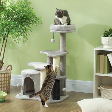 PawHut Комплекс для котів з когтеточкою, лежаком, іграшками, плюшем, 60 x 39 x 87 см, світло-сірий/кремовий