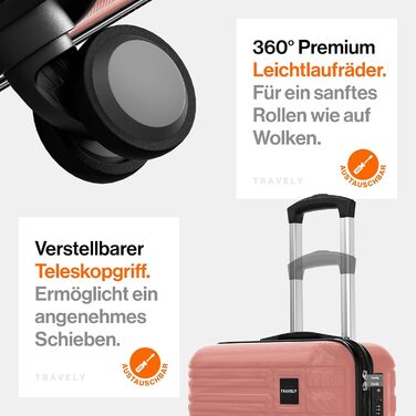 Чемодан ручної поклажі Travely Premium 55x40x20cm, 36L, Roségold (рожеве золото) з TSA замком та плавними колесами, підходить для Ryanair, Lufthansa, Eurowings