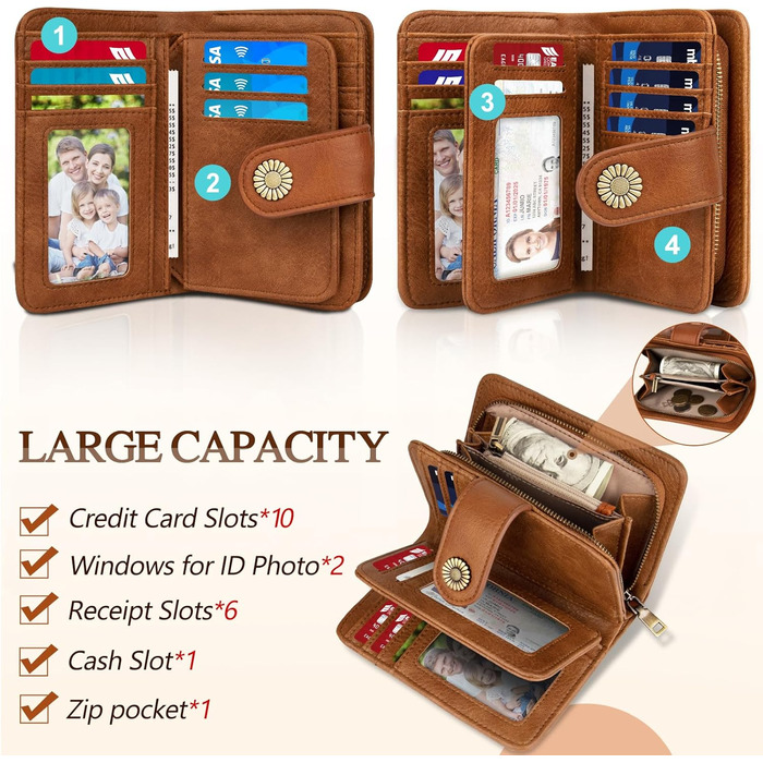 TEUEN Women's Wallet Large Capacity PU Leather Vintage Card Holder Purse Organizer Wallet Medium Size with RFID Blocking and Multiple Compartments