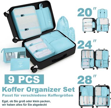 Органайзери для валізи OBSGUMU, набір 9 шт. - Кубики для пакування, косметичка, аксесуари для подорожей (блакитний)