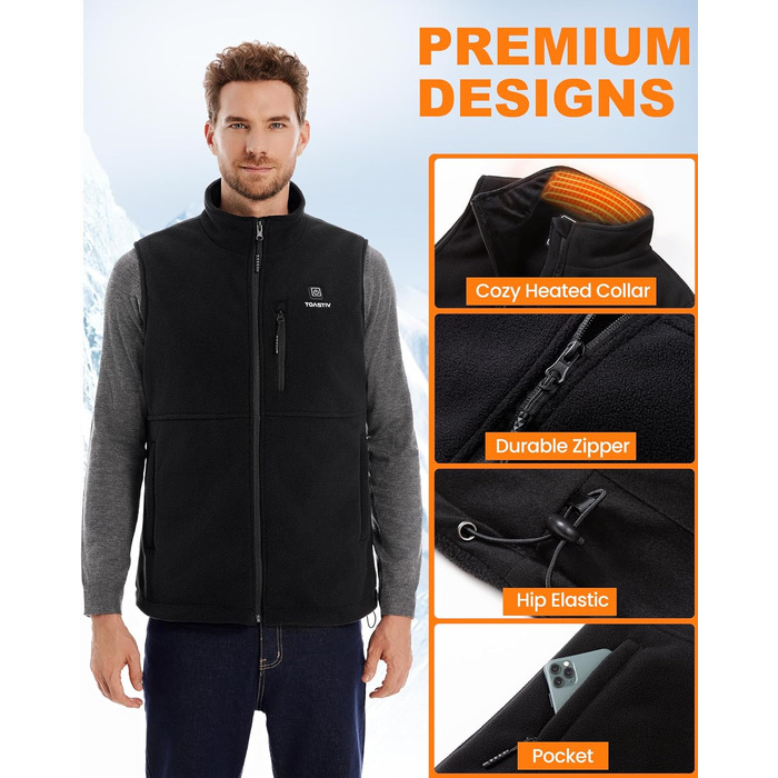 Електрична гріюча жилетка для чоловіків Polar Fleece, 6 зон нагріву, USB, Outdoor, XL, Чорний