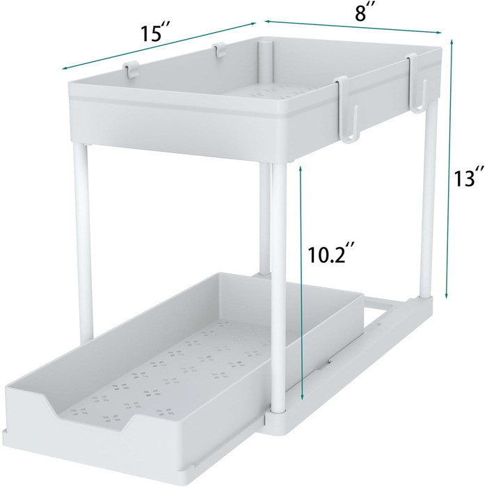 DEKAVA Kitchen Organizer, 2 Under Sink Shelf, Closet Kitchen Organizer with 4 Hooks, Closet Basket for Kitchen, Bathroom, Cleaning Supplies, Detergent (White/Opulent Garden)
