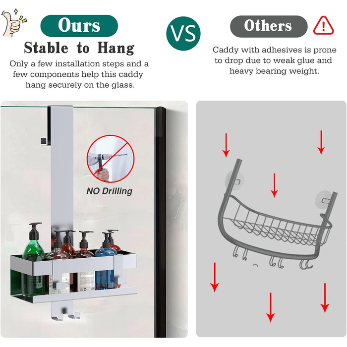 Emibele Shower Shelf for Hanging, Stainless Steel Shower Shelf No Drilling, Bathroom Shelf No Drilling with Hooks, Shampoo Lotion Holder, Shower Basket Towel Holder Wall Shelf for Glass Door Bathroom, Silver