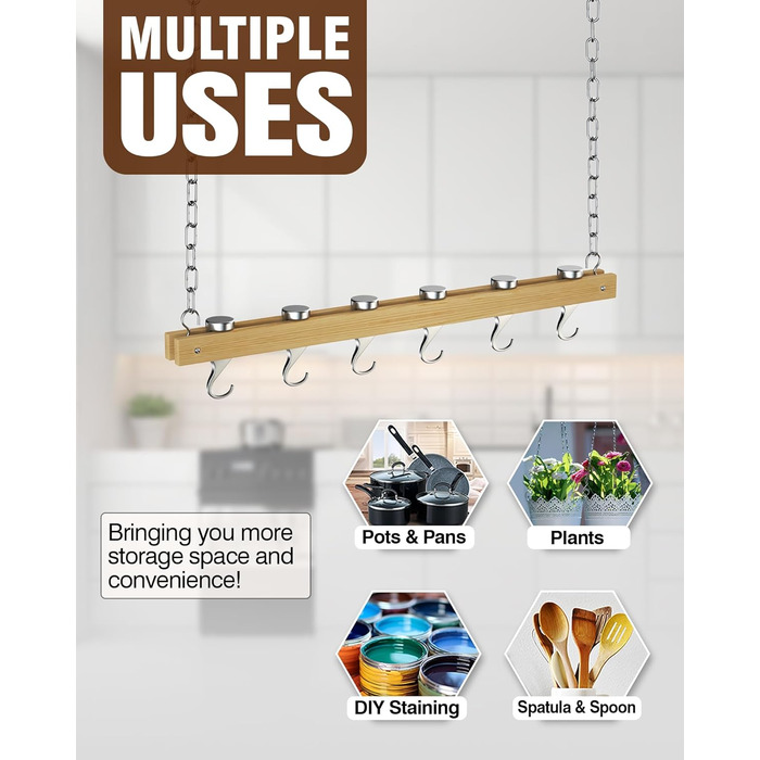 Chef Standard Wooden Pot Rack, Single Bar