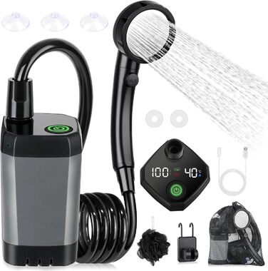 Spopal Camping Shower Portable, [6000mAh] Camping Shower with Pump and Temperature Display, Camping Shower Outdoor Set with Showerhead and 2M Hose for Garden, Car Washing, Beach, Travel, Pet