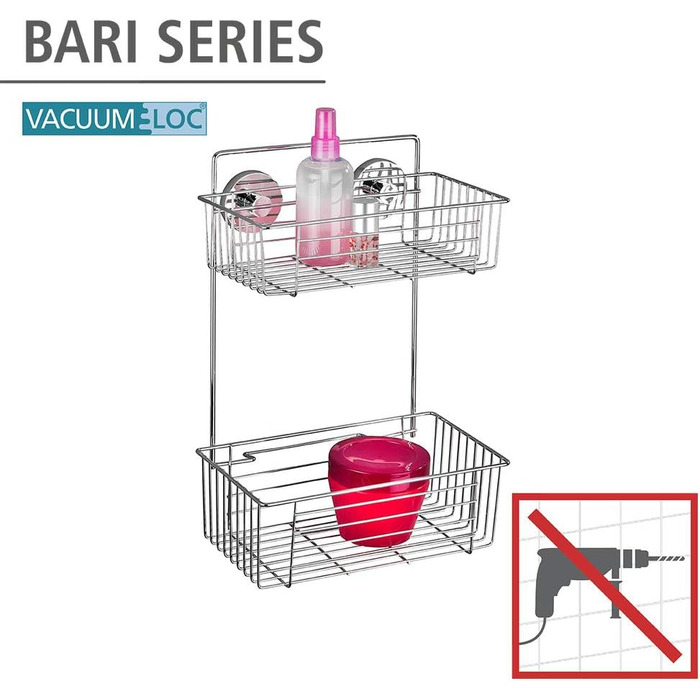 WENKO Vacuum-Loc 2-Tier Shelf, Bari, Wall Shelf for Bathroom and Kitchen, Drilling-Free Mounting with Vacuum, Chrome-Plated Metal, 26 x 38 x 17 cm