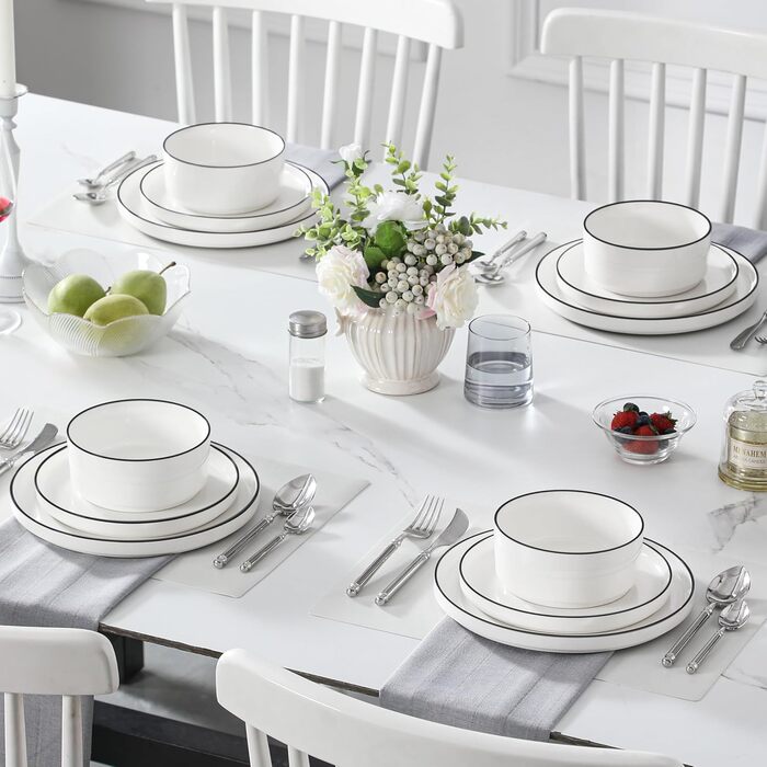 MALACASA, Leah Series, Dinnerware Set for 4 People, 12-Piece Porcelain Tableware Set, Combination Set, White Dinnerware with Black, Dinnerware Set consisting of 4x Dinner Plates, 4x Dessert Plates, 4x Cereal Bowls with Black Rim, 12-Piece