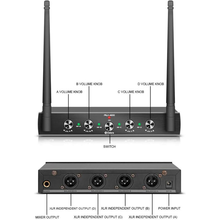 Debra 4-канальний UHF мікрофонний комплект, AU400: ручний, нагрудний, наголовний мікрофон для церкви, караоке, співу (2 ручні + 2 нагрудні мікрофони)