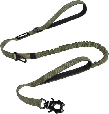 Тактична повідок для собак PetBonus Heavy Duty, 1,5м, еластична, з 2 зручними ручками, фіксатор для авто, No Pull для дресування великих та середніх собак (армійний зелений)