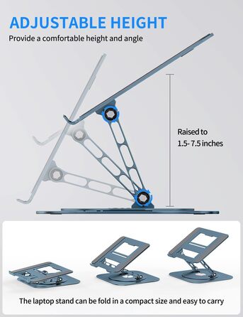 Adjustable Laptop Stand with 360° Swivel Base - Stable Ergonomic Foldable Laptop Riser for Desk - Compatible with MacBook Pro/Air & Notebooks up to 16 inches (Navy Blue)