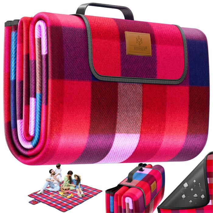 Плед для пікніка KESSER XXL 200x200 см, водонепроникний, з ручкою, червоно-бірюзовий. Плед для кемпінгу, пляжу на 4-6 осіб