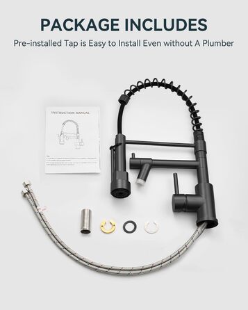 LED кухонний змішувач Warmiehomy з поворотним виливом 360°, 2 виходи, високий вигин, спіральна пружина, чорний