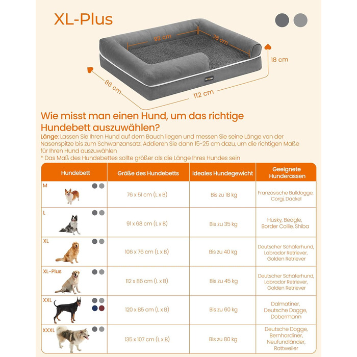 Ортопедичне ліжко для собак Feandrea, м'яке, з високими бортиками, 112x86x18 см, сірий колір, знімний чохол