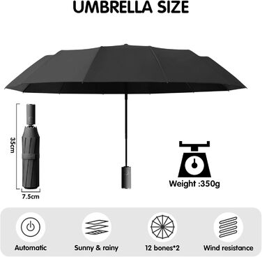 Стійкий до вітру автоматичний парасолька, захист від сонця, чорний Obsidianschwarz