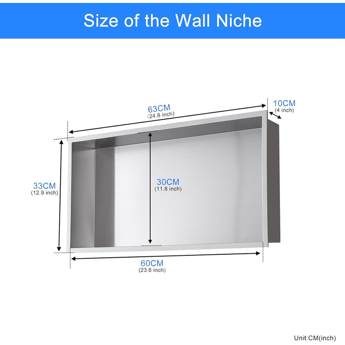 KINKIBOS Wall Niche Shower Stainless Steel, No Tiles Required, Recessed Shower Niche 60 x 30 x 10 cm, Shower Niche Single Shelf Storage