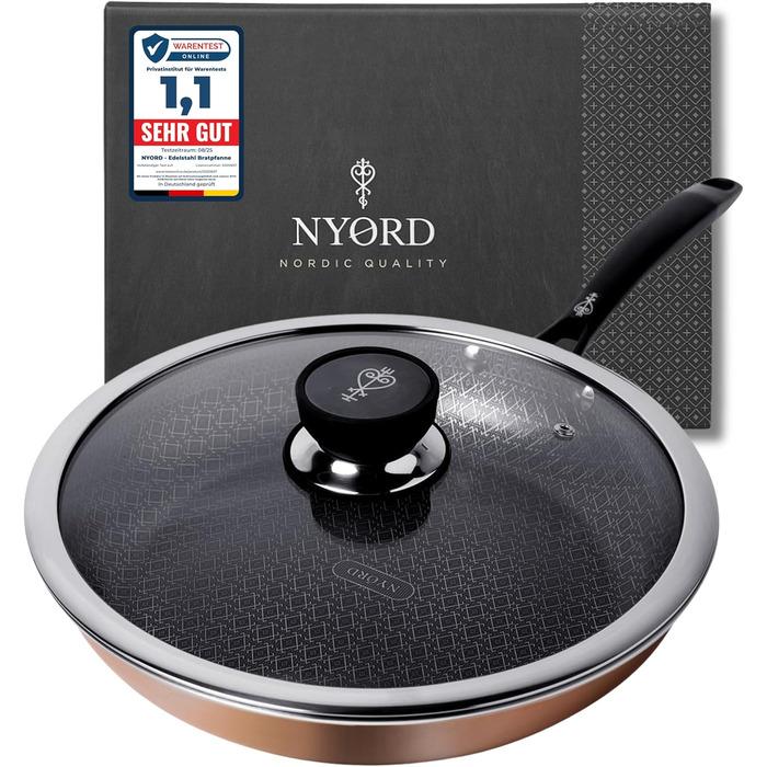 Сковорода NYORD з антипригарним покриттям, стійка до подряпин, з вафельною структурою, придатна для миття в посудомийній машині, гібридна сковорода, керамічне покриття, без PTFE та PFOA, для духовки, для індукційних, газових та керамічних плит, з кришкою 