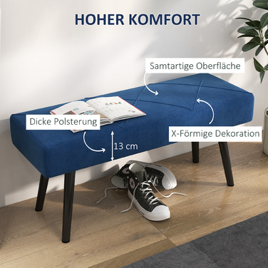 HOMCOM Upholstered Bench, Bed Bench, Entryway Bench with X-Pattern, Velvet-Look, Holds up to 120 kg, for Bedroom, 100 x 36 x 45 cm, Blue | Aosom