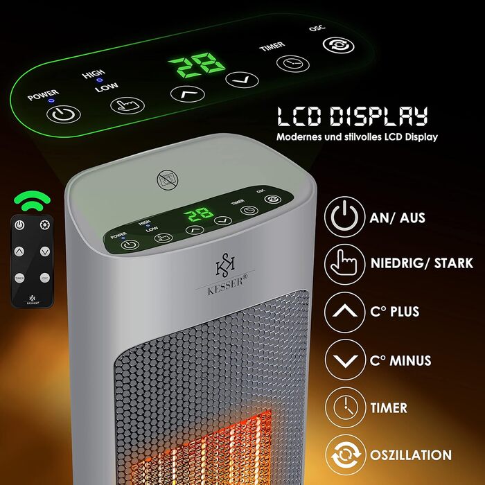 KESSER® Heater with Remote Control - Energy-Saving, Quiet, 2000W Ceramic Heater, Standing Heater, 15-30°C - Quick Heater with 80° Oscillation Function, 24h Timer, Tower Heater, Black