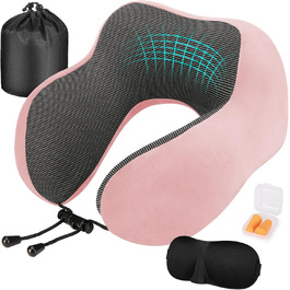 Подушка для шиї Eono з піною Memory Foam, ергономічна, для подорожей, з маскою для сну та навушниками, рожева