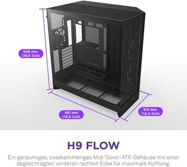 Корпус ПК NZXT H9 Flow 2025 – великий Mid-Tower з двома камерами, чорний – 3 x 140мм та 1 x 120мм вентилятори, підтримка радіатора 420мм, загартоване скло, Back-Connect
