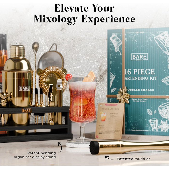 Набір бармена BARE BARREL® Mixology: 16-предметний сет для коктейлів з шейкером Коблер (24oz), інструментами для бару та 35 картками рецептів, золото/чорний
