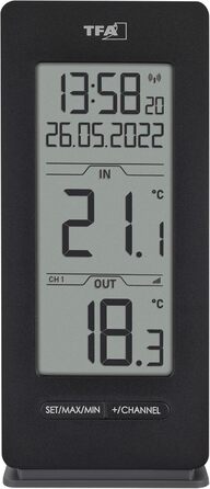 TFA Dostmann Funk Thermometer Indoor/Outdoor, 30.3072.01.90, including radio clock and date, Max.-Min. function, wireless, Amazon Exclusive, black