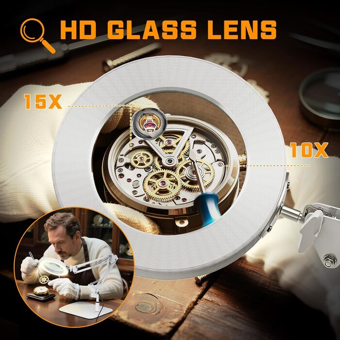 Лампа-лупа Jubor 2-в-1 зі світлом та підставкою, 15x/10x, LED, з кріпленням та основою, 3 режими, регульована яскравість, для хобі, ремонту, майстрів