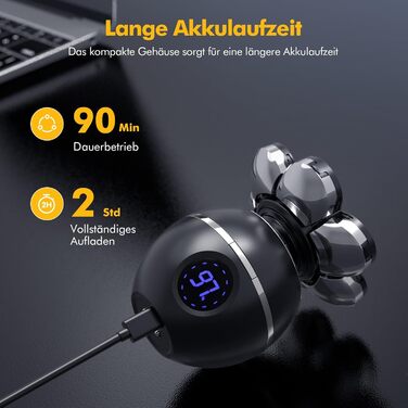 Електричний гоління для чоловіків ETENTOUS Glatzen Rasierer - 7D, 6-в-1, для гоління голови, бороди, носа, IPX7, чорний