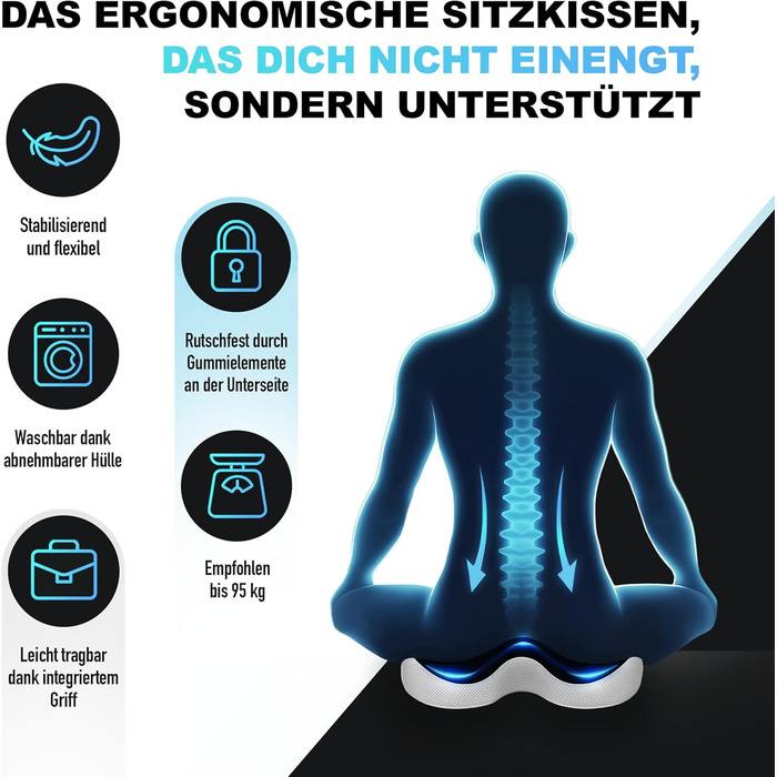 Ортопедична подушка для сидіння з Memory Foam | Ергономічна для офісу, авто та дому – проти болю в спині, геморою та ішіасу | Пральна, дихаюча | Рекомендовано до 95 кг