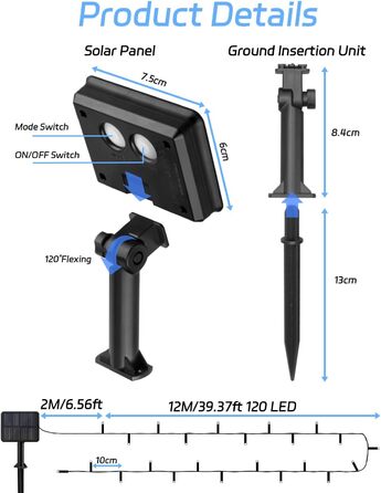 Сонячна гірлянда для зовнішнього використання, 12м, 120 LED, холодне біле світло, 8 режимів. Підходить для декору саду, двору, тераси, весіль. Вологостійка.